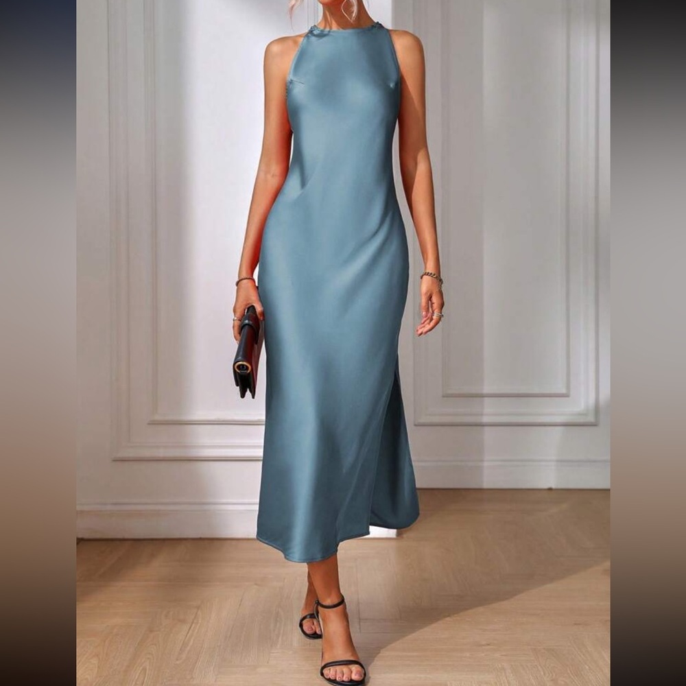 Dusty Blue Elegant Fishtail Hem Dress Without Sleeves